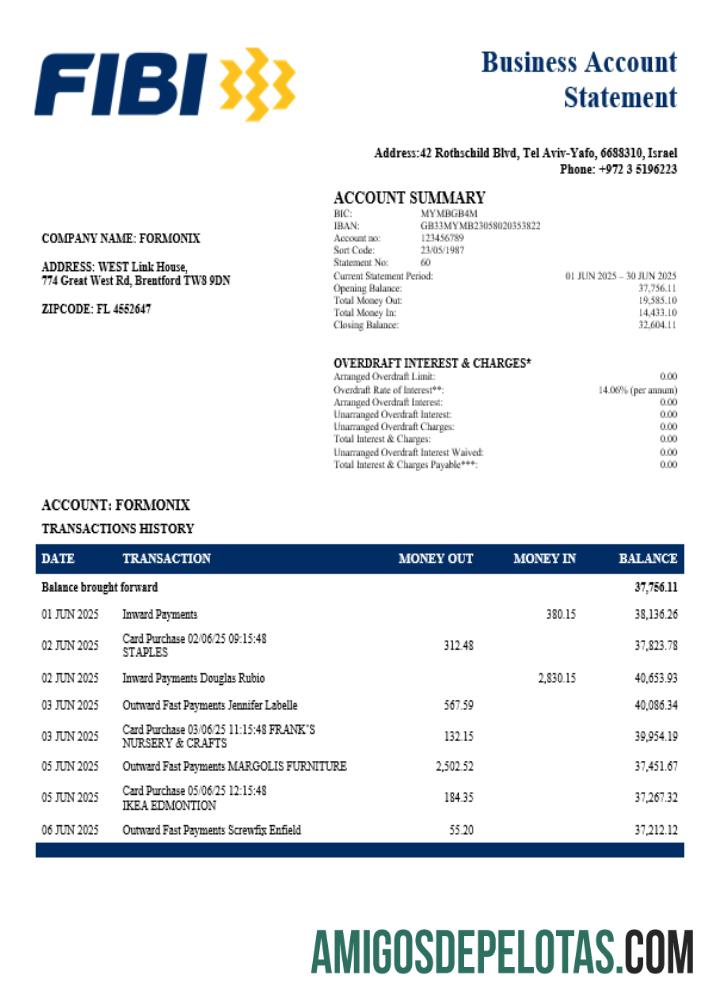 Em branco Primeiro Banco Internacional de Empresa Israelense Extrato de Conta Corrente Modelo Word e PDF